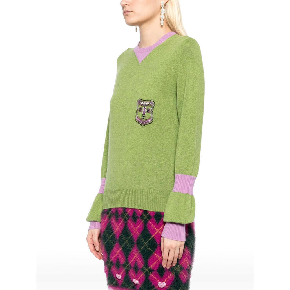 Vintage 2007 Chanel 07A Green Purple Sweater FR-36 Embroidered CC Crest Cashmere - Picture 2 of 9